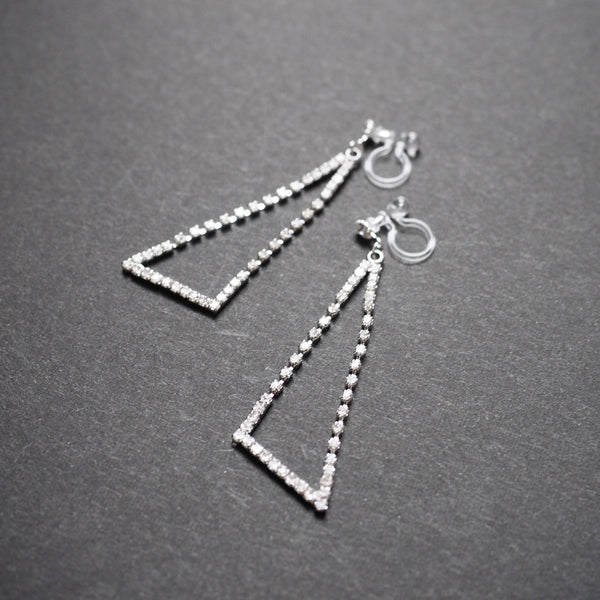 Dangle Silver Triangle Rhinestone Crystal Invisible Clip On Earrings