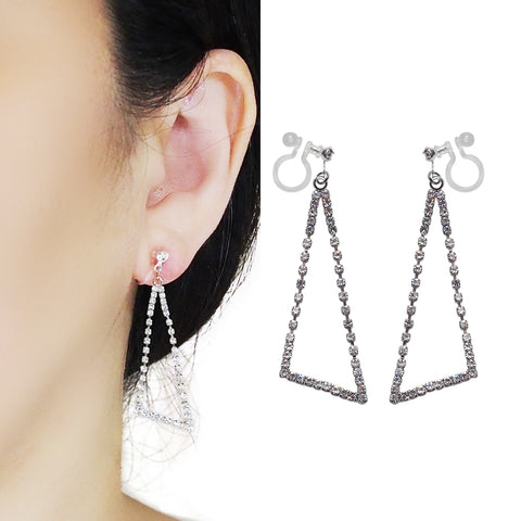 Dangle Silver Triangle Rhinestone Crystal Invisible Clip On Earrings