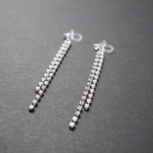 Dangle Silver Long Pearl & Rhinestone Crystal Invisible Clip On Earrings - Miyabi Grace