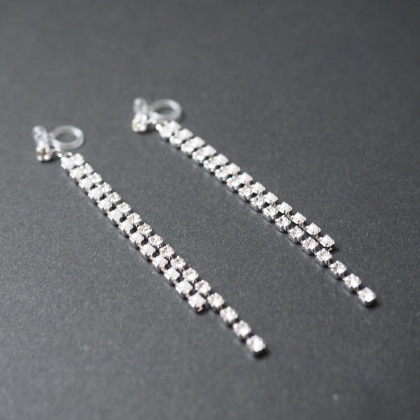 Dangle Silver Long Pearl & Rhinestone Crystal Invisible Clip On Earrings - Miyabi Grace