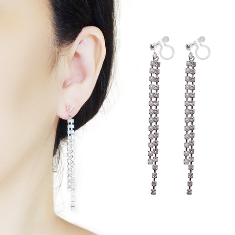 Dangle Silver Long Pearl & Rhinestone Crystal Invisible Clip On Earrings - Miyabi Grace