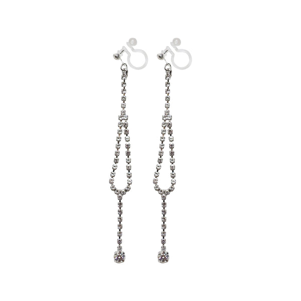 Dangle Silver Long Teardrop Rihnestone Crystal Invisible Clip On Earrings - Miyabi Grace