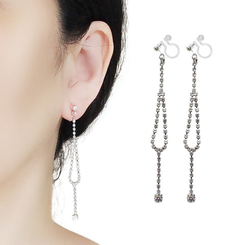 Dangle Silver Long Teardrop Rihnestone Crystal Invisible Clip On Earrings - Miyabi Grace