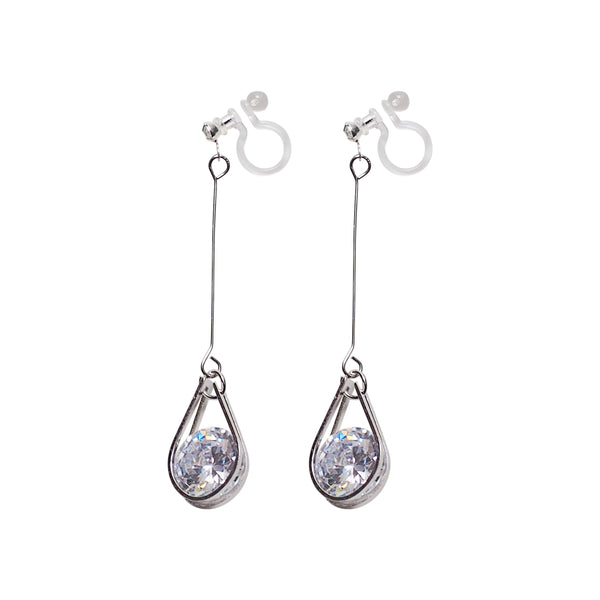 Dangle Silver Teardrop Cubic Zirconia Crystal Invisible Clip On Earrings - Miyabi Grace