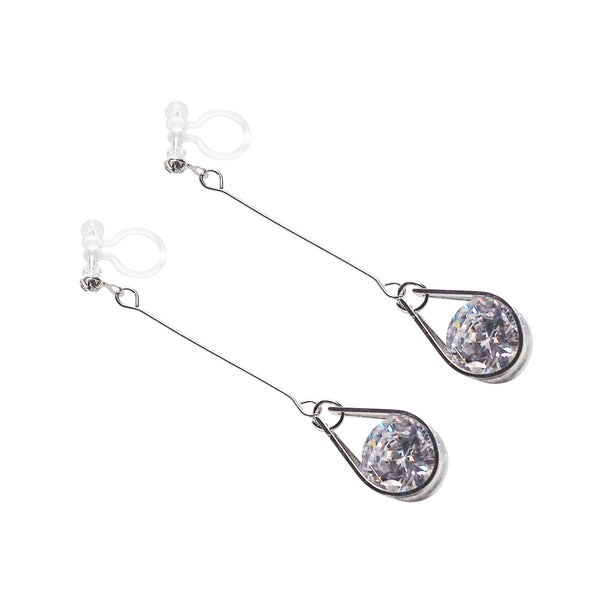 Dangle Silver Teardrop Cubic Zirconia Crystal Invisible Clip On Earrings - Miyabi Grace
