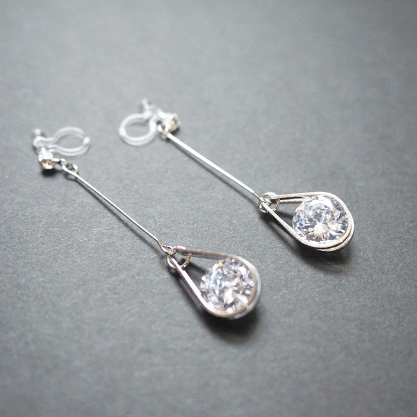 Dangle Silver Teardrop Cubic Zirconia Crystal Invisible Clip On Earrings - Miyabi Grace