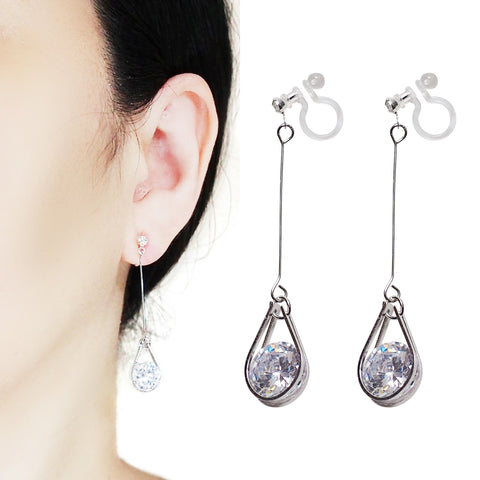 Dangle Silver Teardrop Cubic Zirconia Crystal Invisible Clip On Earrings - Miyabi Grace