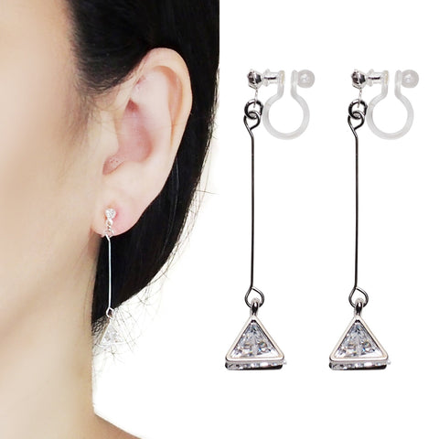 Dangle Silver Triangle Cubic Zirconia Crystal Invisible Clip On Earrings