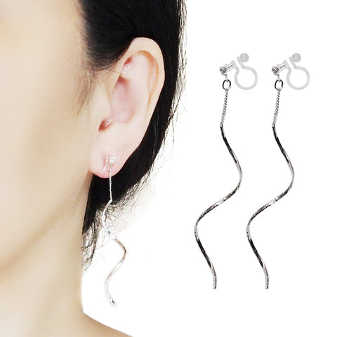 Dangle Silver Waved Bar Invisible Clip On Earrings