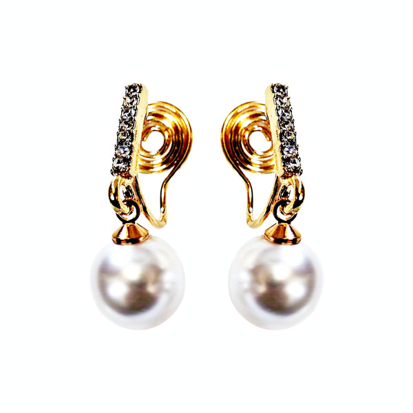 Dangle Crystal Rhinestone Bar and White Pearl Spiral Clip On Earrings