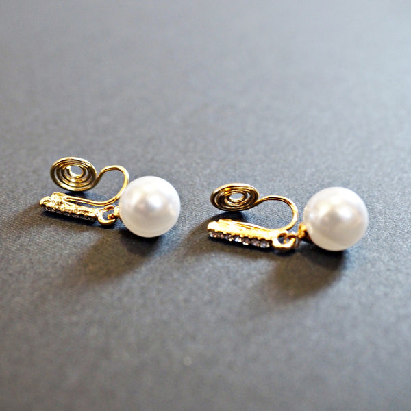 Dangle Crystal Rhinestone Bar and White Pearl Spiral Clip On Earrings