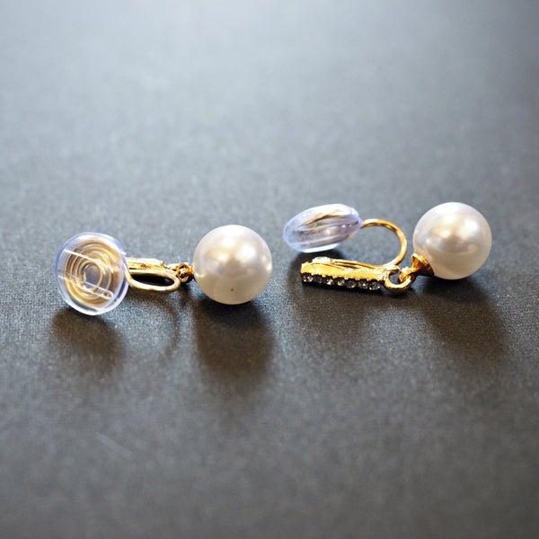 Dangle Crystal Rhinestone Bar and White Pearl Spiral Clip On Earrings