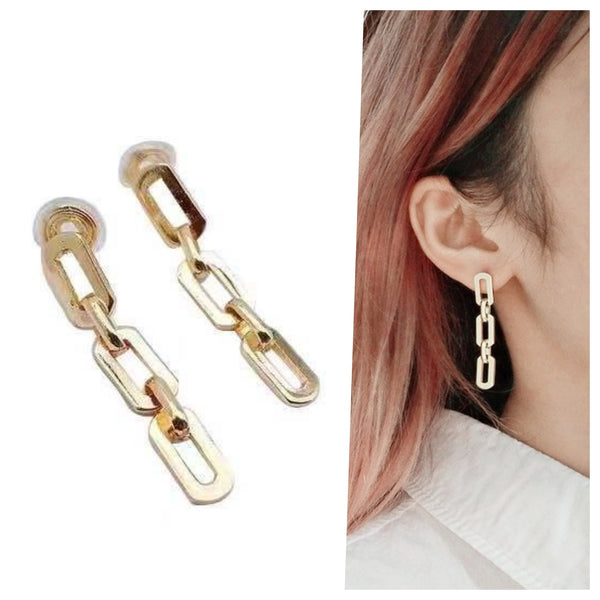 Dangle Gold Big Three Chain Spiral Clip On Earrings