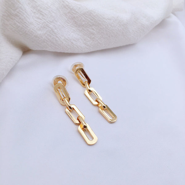 Dangle Gold Big Three Chain Spiral Clip On Earrings