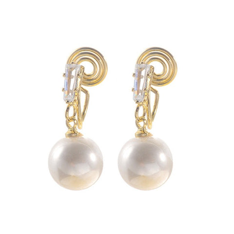 bridal white pearl dangle gold spiral clip on earrings