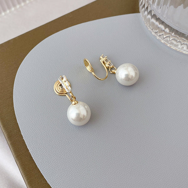 Dangle White Pearl with Crystal Rhinestone Spiral Clip On Earrings