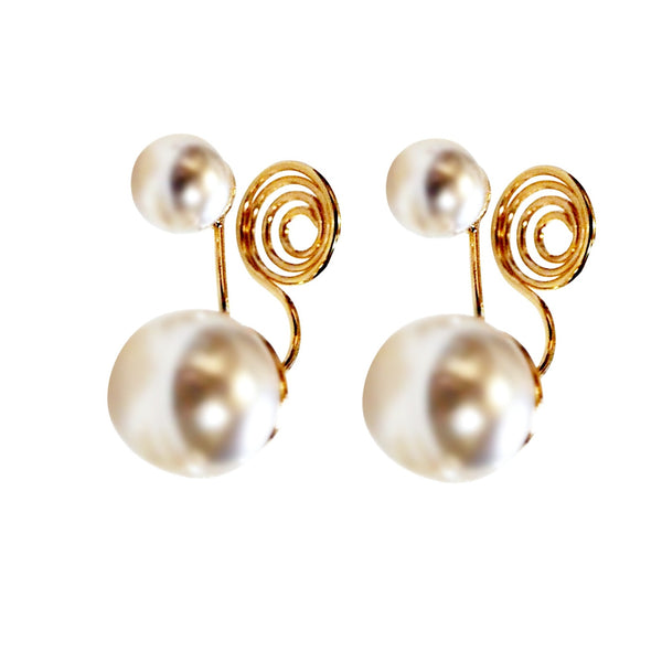 Double White Pearls Gold  Spiral Clip On Earrings