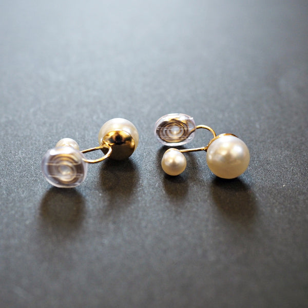 Double White Pearls Gold  Spiral Clip On Earrings