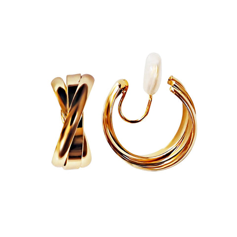 Gold 20mm Triple Hoop Clip Angle Adjustable Spiral Clip On Earrings