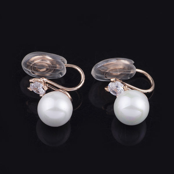 Gold Crystal Cubic Zirconia White Shell Pearl Bridal Wedding Clip Angle Adjustable Spiral Clip On Earrings