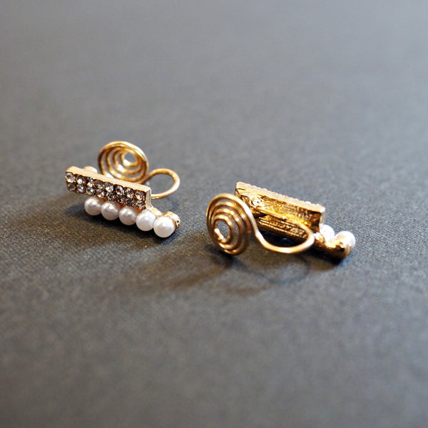 Gold Crystal Rhinestone and White Pearl Bar  Spiral Clip On Earrings