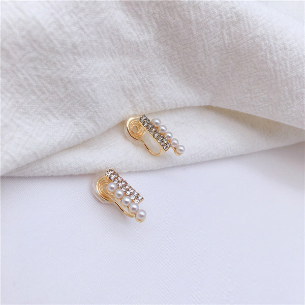 Gold Crystal Rhinestone and White Pearl Bar  Spiral Clip On Earrings