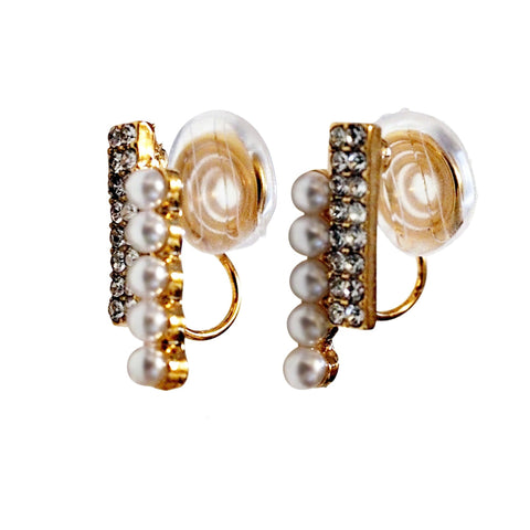 Gold Crystal Rhinestone and White Pearl Bar  Spiral Clip On Earrings
