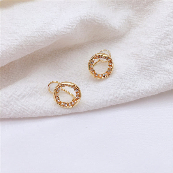 Gold Open Circle Pearl Crystal Rhinestone Silicon Pad Back Clip On Earrings