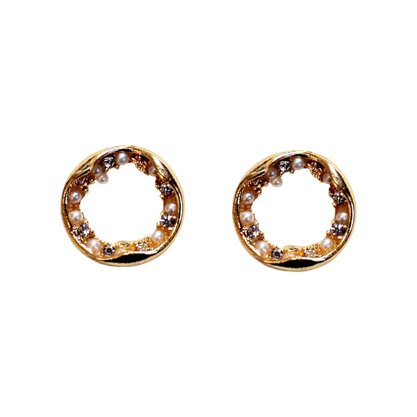 Gold Open Circle Pearl Crystal Rhinestone Silicon Pad Back Clip On Earrings