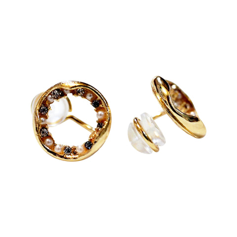 Gold Open Circle Pearl Crystal Rhinestone Silicon Pad Back Clip On Earrings