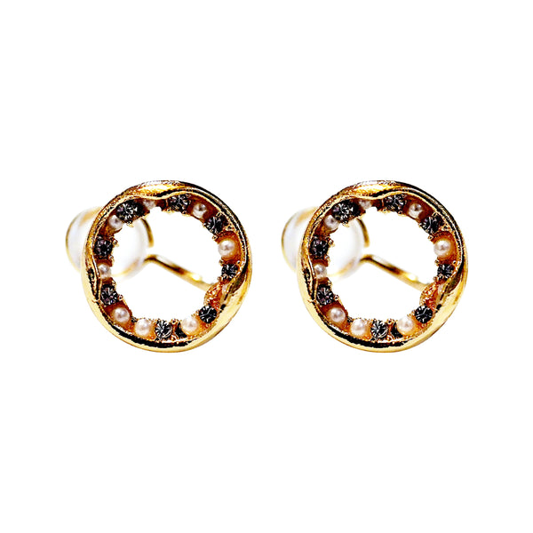 Gold Open Circle Pearl Crystal Rhinestone Silicon Pad Back Clip On Earrings