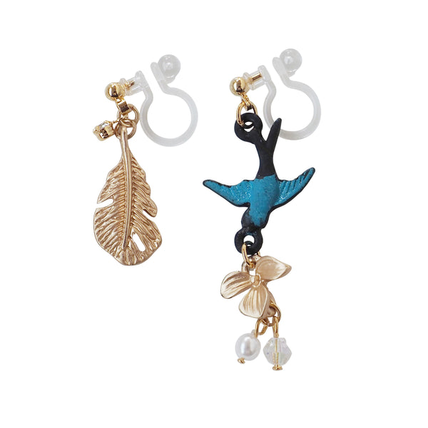 Dangle Bluebird & Leaf Invisible Clip On Earrings