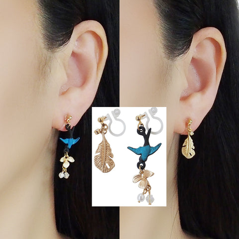Dangle Bluebird & Leaf Invisible Clip On Earrings