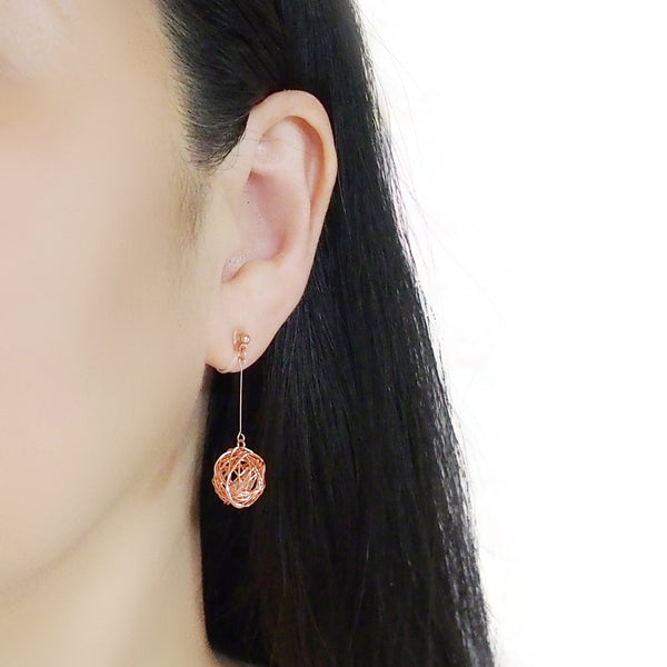 Dangle Rose Gold Mesh Ball & CZ Crystal Invisible Clip On Earrings