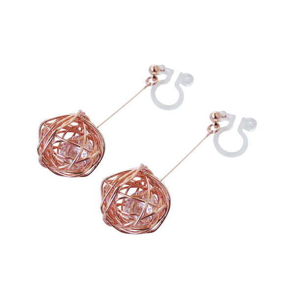 Dangle Rose Gold Mesh Ball & CZ Crystal Invisible Clip On Earrings