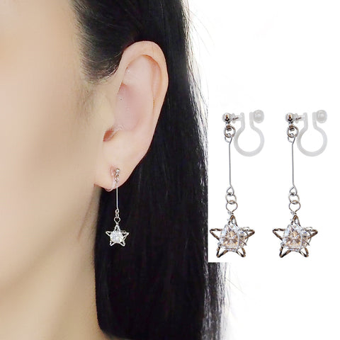 Dangle Silver Star & CZ Crystal Invisible Clip On Earrings