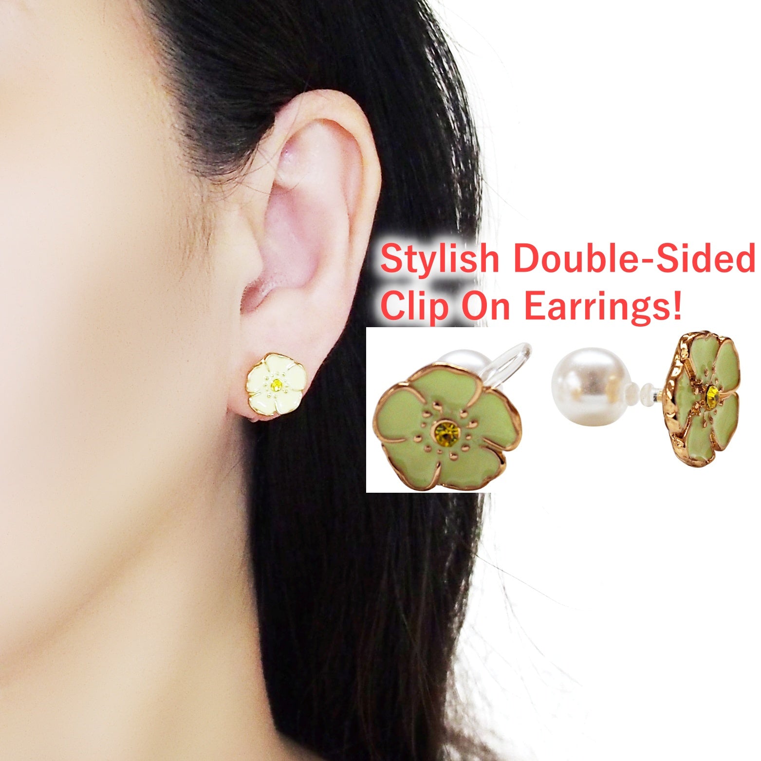 Double-Sided Green Flower and Pearl Invisible Clip On Earrings