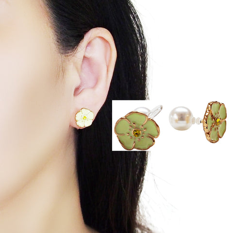 Double Sided Light Green Flower and Pearl Invisible Clip On Stud Earrings