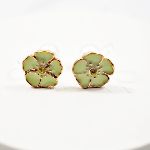 Double-Sided Green Flower and Pearl Invisible Clip On Earrings