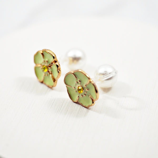 Double-Sided Green Flower and Pearl Invisible Clip On Earrings