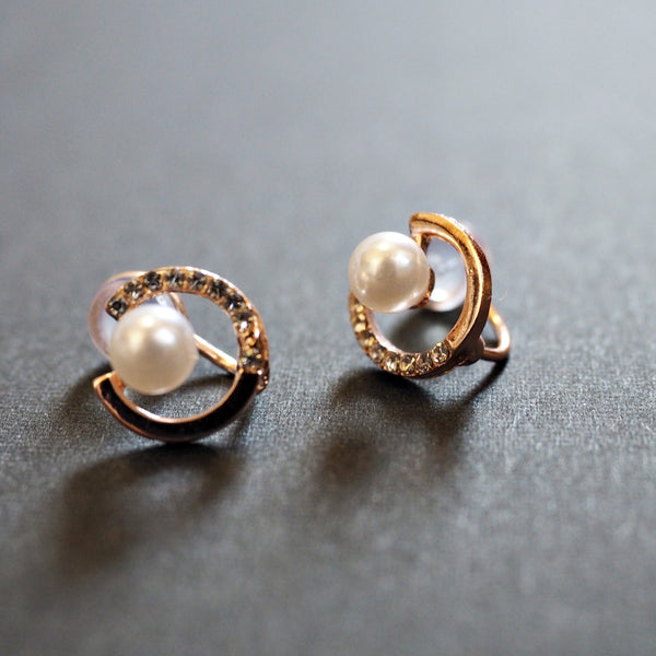 Rose Gold Open Circle Rhinestone Crystal Pearl Silicon Pad Back Clip On Earrings