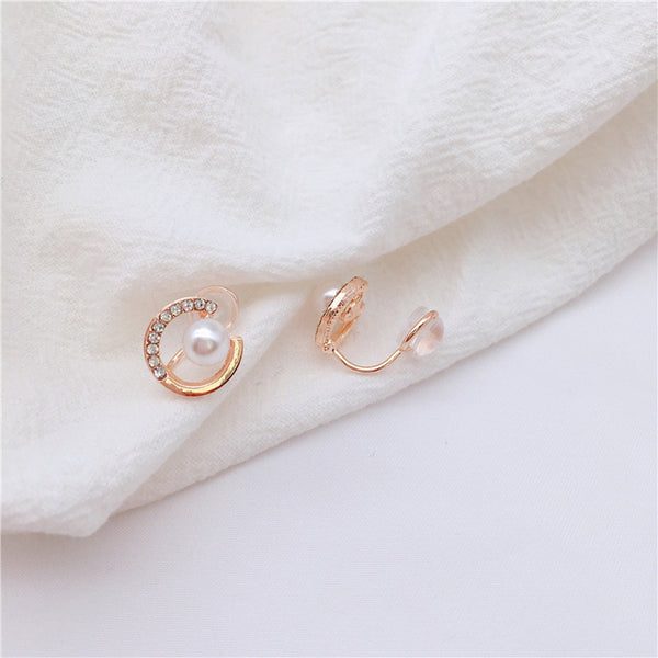 Rose Gold Open Circle Rhinestone Crystal Pearl Silicon Pad Back Clip On Earrings