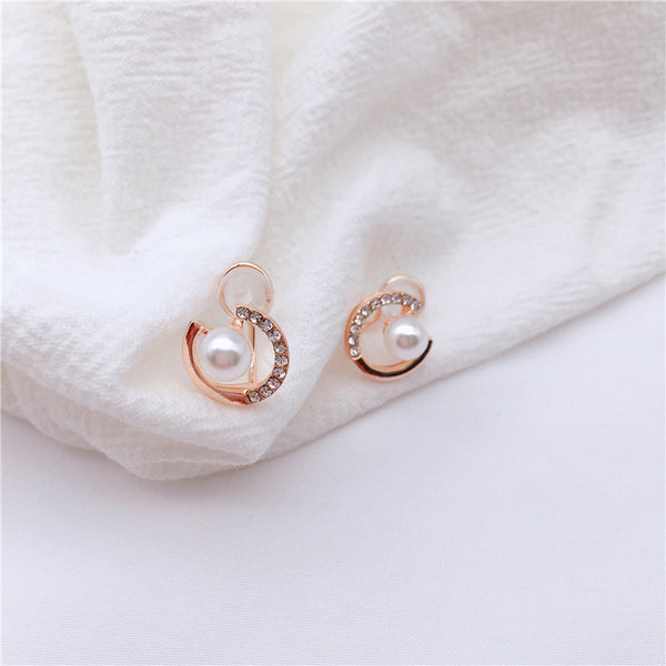 Rose Gold Open Circle Rhinestone Crystal Pearl Silicon Pad Back Clip On Earrings