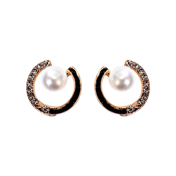 Rose Gold Open Circle Rhinestone Crystal Pearl Silicon Pad Back Clip On Earrings