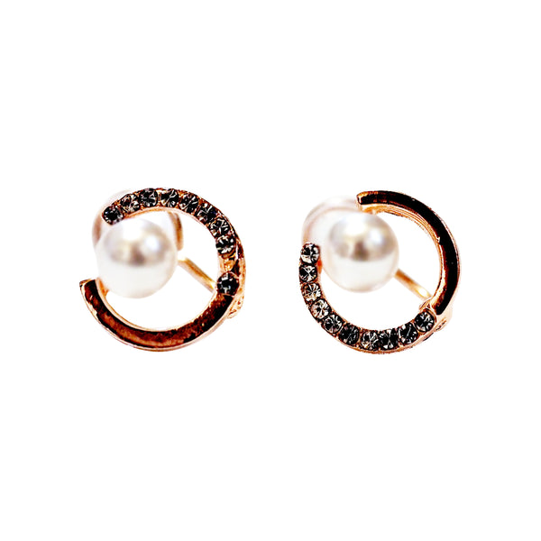 Rose Gold Open Circle Rhinestone Crystal Pearl Silicon Pad Back Clip On Earrings