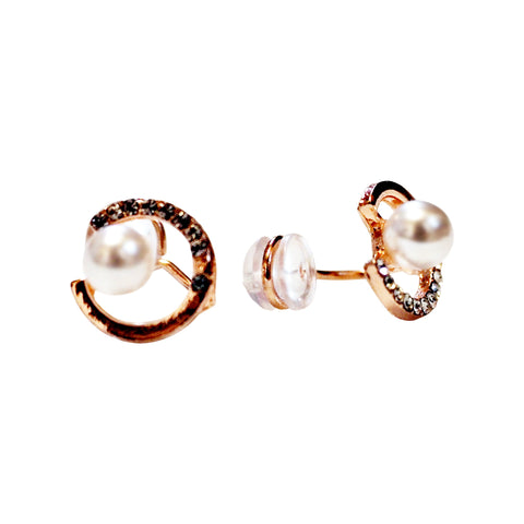 Rose Gold Open Circle Rhinestone Crystal Pearl Silicon Pad Back Clip On Earrings