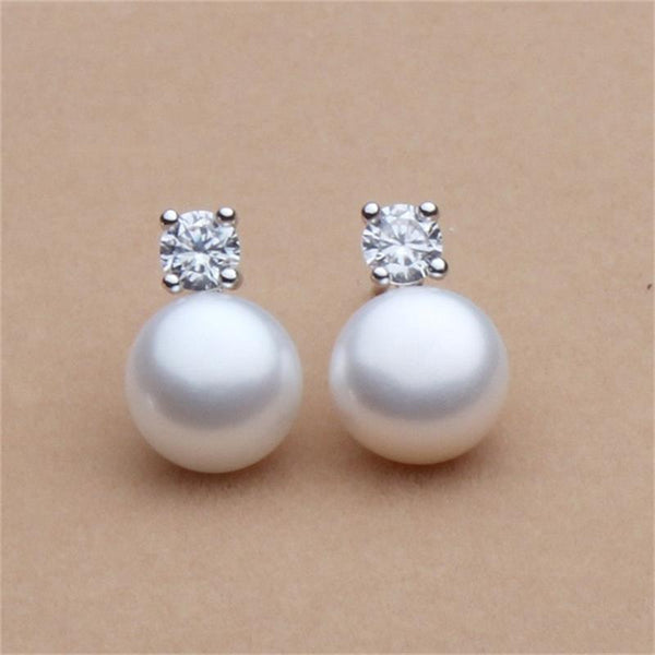 Silver Crystal Cubic Zirconia White Shell Pearl Bridal Wedding Clip Angle Adjustable Spiral Clip On Earrings