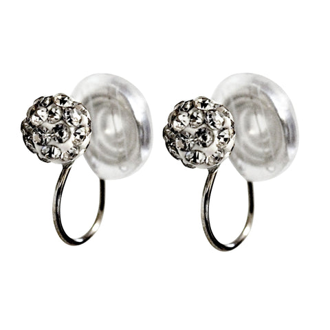 Silver Crystal Rhinestone Pave Ball Spiral Clip On Earrings