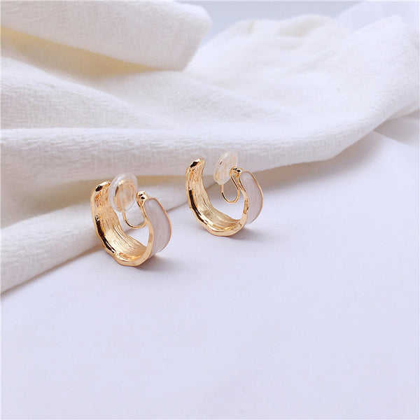 White Enamel Spiral Clip On Hoop Earrings