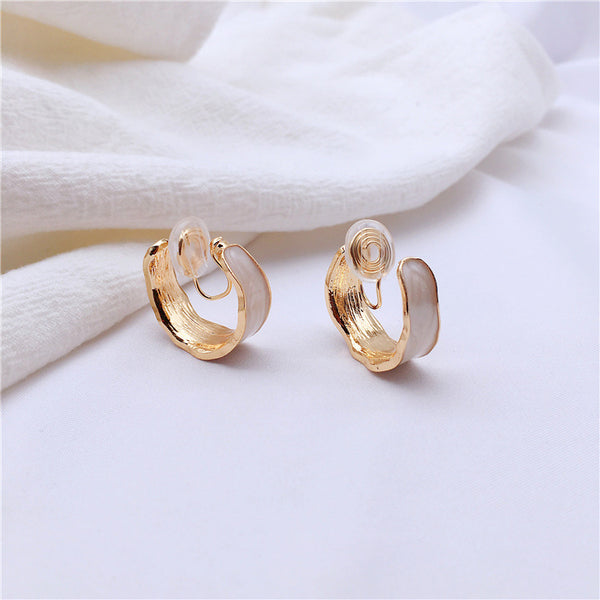 White Enamel Spiral Clip On Hoop Earrings